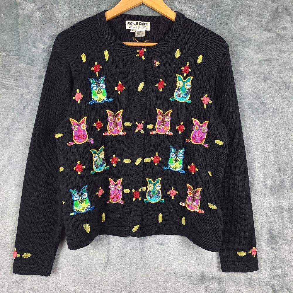 Vtg Jack B Quick Cardigan Medium Black Owls Beaded Sequins Artsy Cottage Sweater